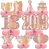 9Pcs 13th Birthday Decorations Rose Gold 13th Birthday Party Decorations for Girls,Pink Happy 13 Years Honeycomb Centerpieces Table Sign Decor Supplies