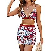 ZAFUL Women's High Waisted Bikini Sets Tummy Control Swim Skirt Color Block String Swimsuit Curvy Bathing Suits