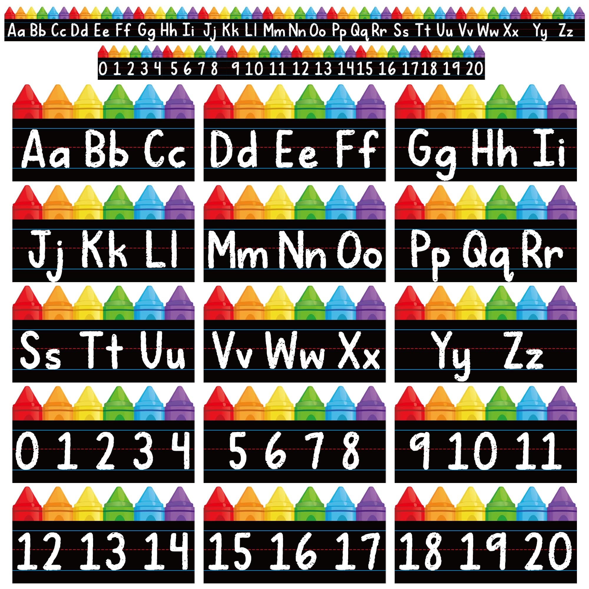 Photo 1 of 15 PCS Alphabet Bulletin Board Strips Set Alphabet Crayon Bulletin Board Posters ABC Number Line Wall Decor Die-Cut 26 Letter and 0-20 Number Border for Kindergarten Classroom Playroom Bedroom Decor
