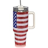 cuteolivia 40 Oz Rhinestone Studded Tumbler with Handle Straw and Lid, Insulated Stainless Steel Double Layer Water Bottle for Women, Reusable Travel Coffee Mug (1200ml) Usa Flag