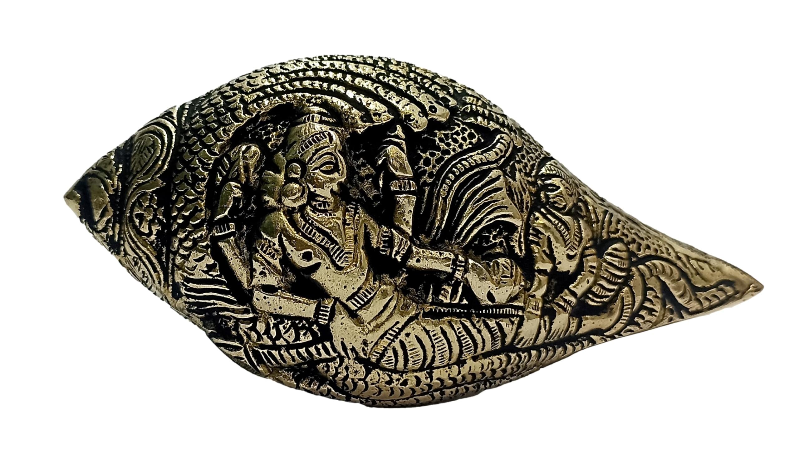 athizay Shankh Brass Metal Vishnu Laxmi Darbar Engraved for Indian Pooja Temple Decor Antique Gold Finish Laxmi Narayan Shankha Conch (15 x 7 x 7 cm)