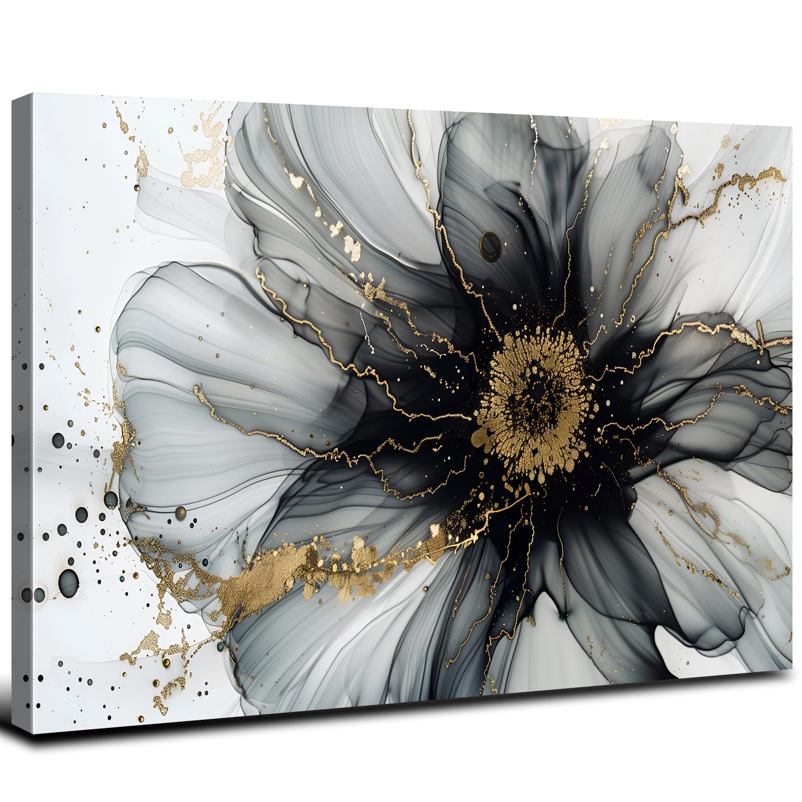 Photo 1 of Black and White Gold Abstract Wall Art Modern Wall Decor Marble Flower Fluid Picture Canvas Prints for Bathroom Living Room Watercolor Minimalist Abstracted Painting Artwork Home Decoration 16x24”
