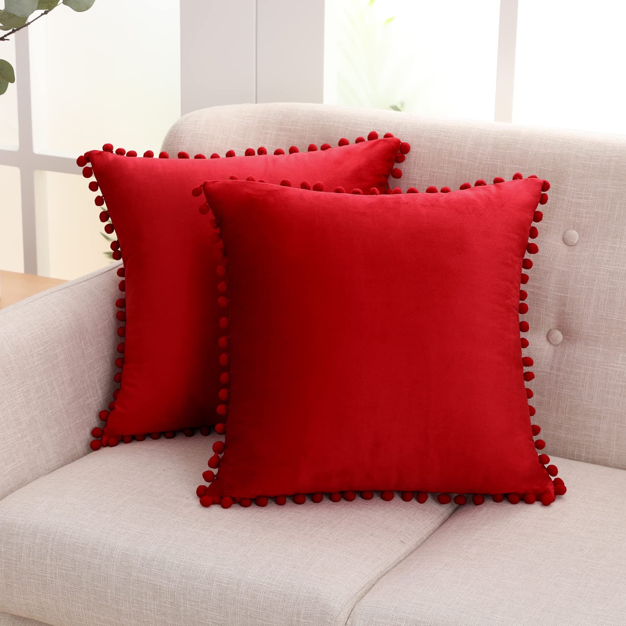 Deconovo Set of 2 Large Christmas Crushed Velvet Cushion Covers with Invisible Zip, 55 x 55 cm, Red