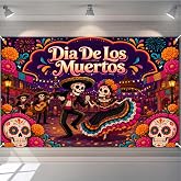 Dia de los Muertos Backdrop, 72 x 43 in Day of the Dead Banner | Polyester fabric with gold grommets and 20 ft white rope for Mexican fiesta parties, photo booths, walls and community events