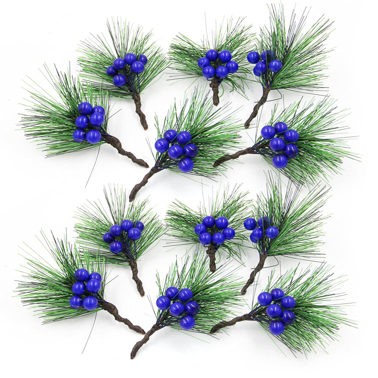 LEMCC 24PCS Artificial Christmas Mini Pine Picks Blue Berry Stems Picks Small Artificial Pine Tree Branches for Christmas Tree Decorations DIY Crafts Home Decor