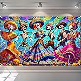 BlissYard Fiesta Skeleton Dance Banner 71x43 Inch Day of the Dead Backdrop Dia de los Muertos Wall Decor Sugar Skull Party Decoration for Halloween Mexican Festival Indoor Outdoor Use