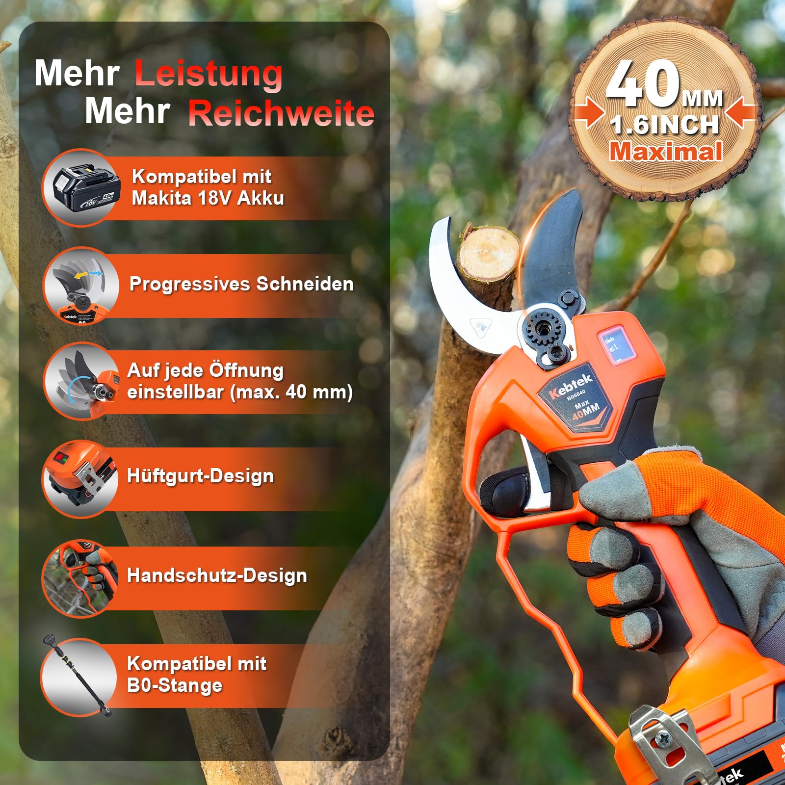 Kebtek B06640 Elektrische Gartenschere mit Akku progressive Schnittfunktion, Max 40mm profi kabellose astschere mit 4000mAh Akku, kompatibel mit Makita 18V Akkus, tragbares Gartengerät 2
