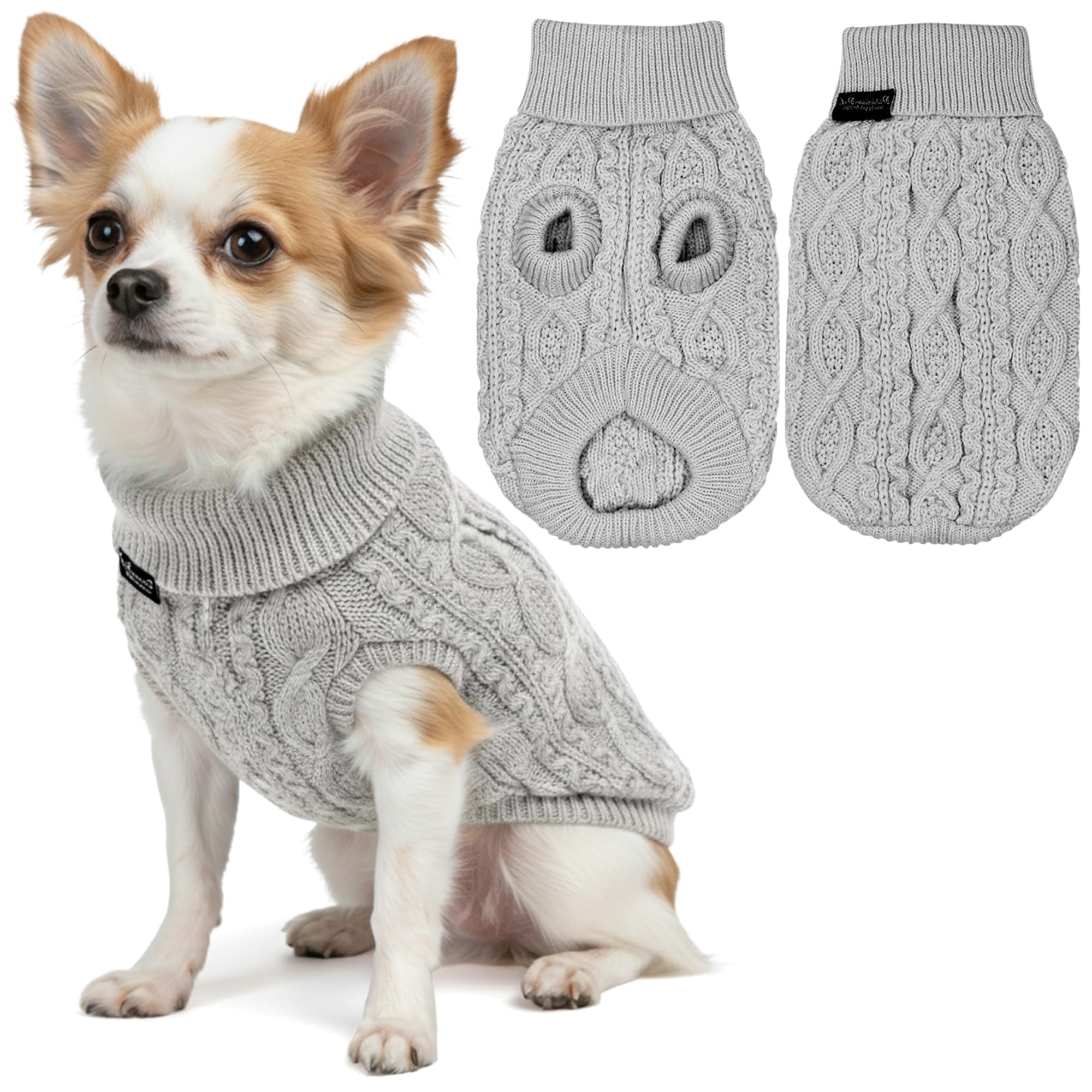 Parisian Pet - Turtleneck Sweater for Dogs - Gray Cable Knit Pullover – Warm Puppy Clothes - Size S