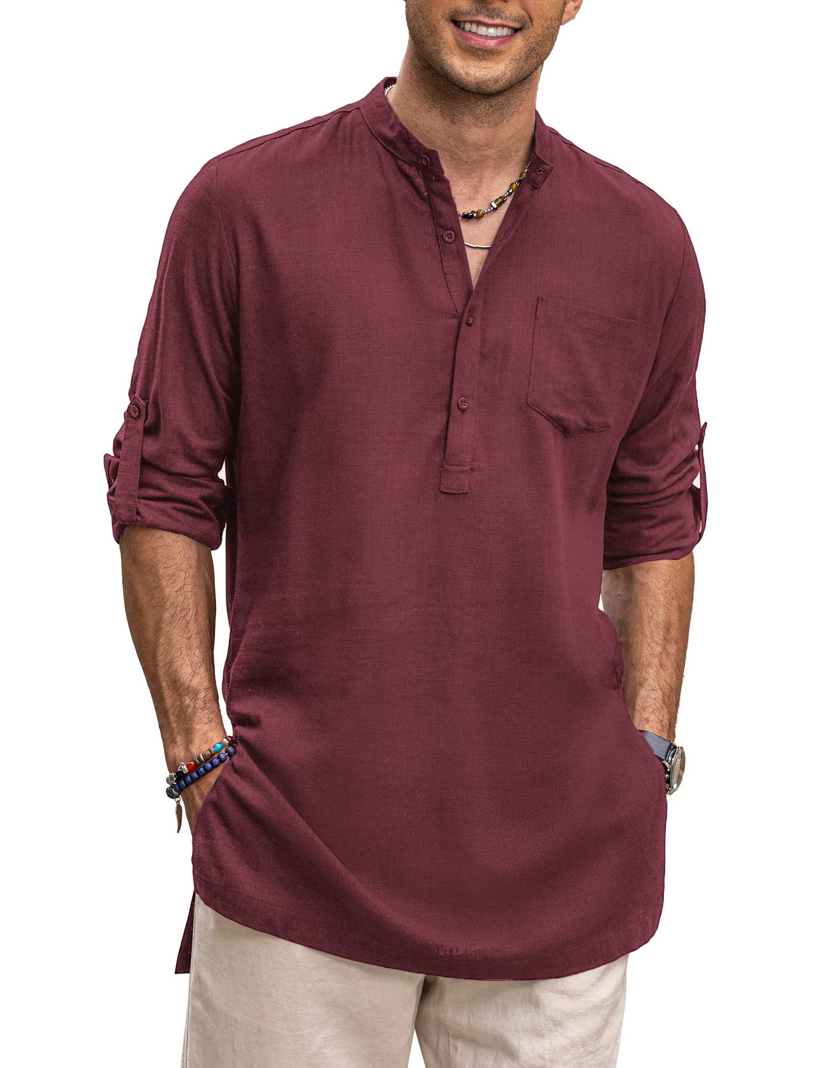Photo 1 of COOFANDY Men's Linen Henley Shirt Long Sleeve Henley T-Shirt Casual Beach Hippie Shirts Wine Red