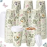 Funnymoom 100 Pieces Vintage Botanical Disposable Paper Cups with 120 Lids 12oz Coffee Wildflower Herb Beverage Coffee Cups for Spring Floral Themed Birthday Party Bridal Wedding Tea Party Baby Shower
