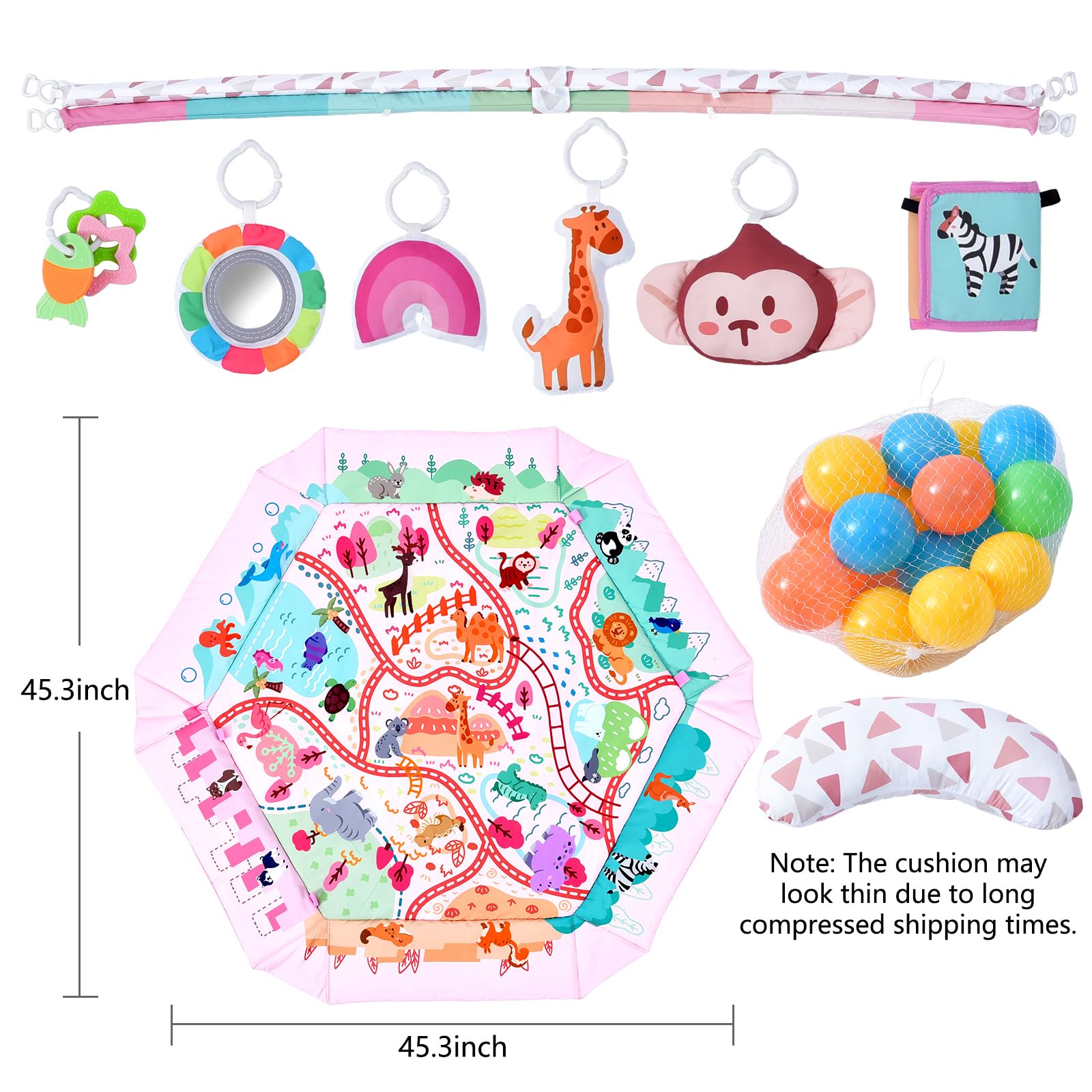 TFDER Baby Gym Play Mat, 8-in-1 Tummy Time Mat & Activity Gym, Washable Ball Pit, Infant Play Mat with Detachable Toys for Sensory Exploration and Motor Skill Development
