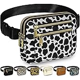 Capolo Fanny Packs for Women Fashion Waist Packs Bag with Adjustable Strap and 4 Zipper Pockets Waterproof Everywhere Crossbody Belt Bag for Workout Running Travelling(Cow Print)