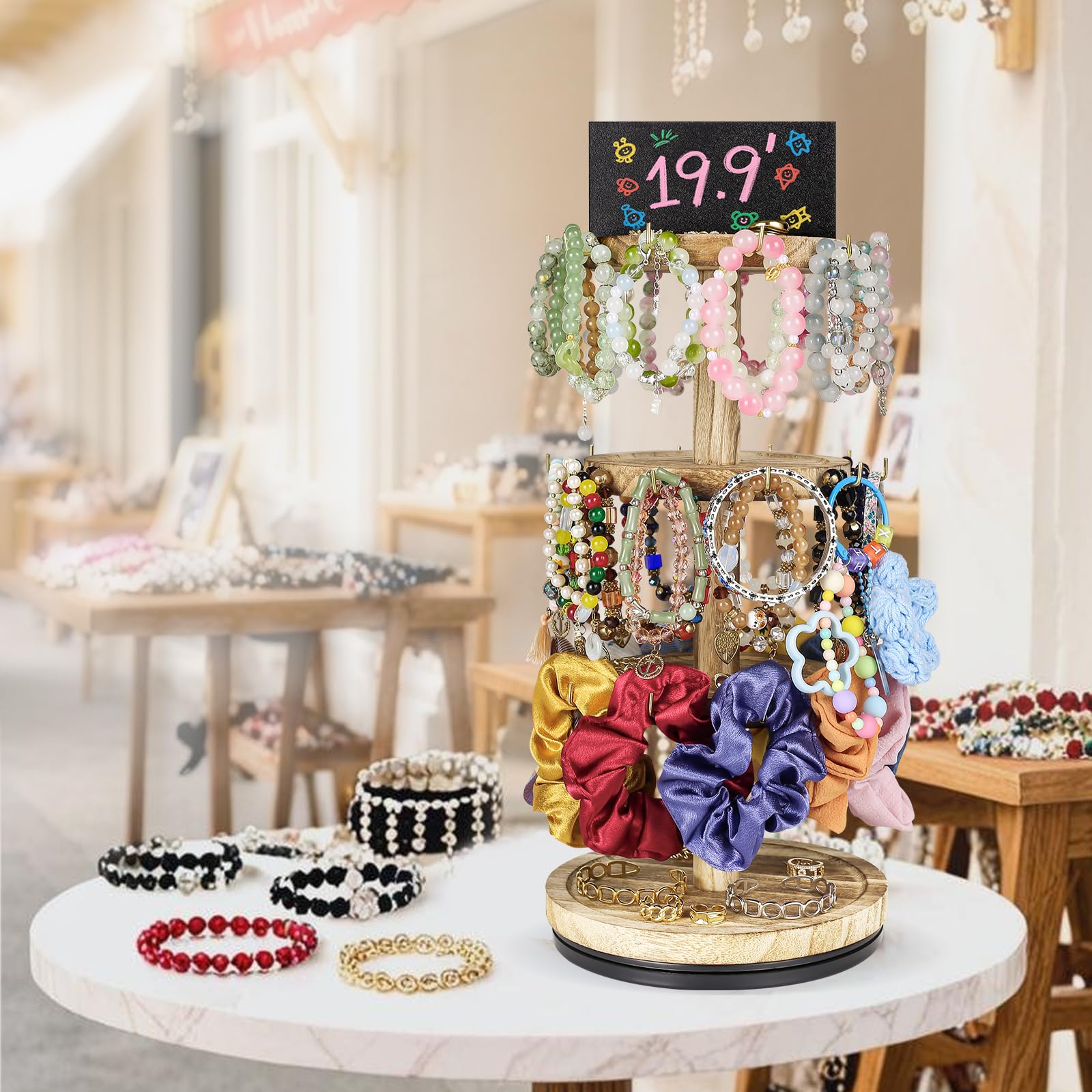 Photo 1 of LadyRosian 3-Tier Wooden Rotating Jewelry Display Stand | Bracelet & Keychain Organizer with Advertising Board | 30 Hooks Rustic Holder for Vendor Booth & Stores (3-Tier Round Spin Stand)