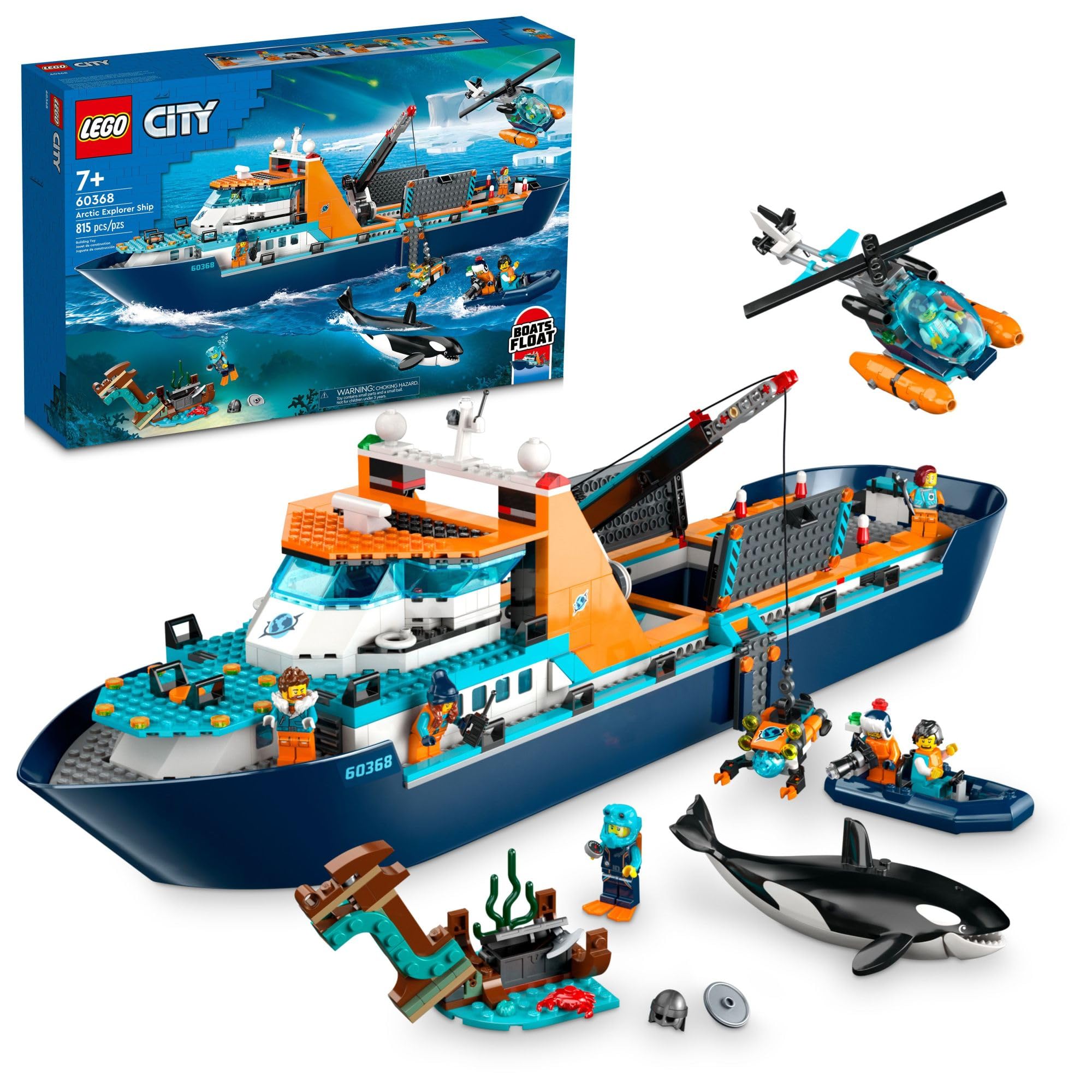 Photo 1 of LEGO City Arctic Explorer Ship 60368 Building Toy Set, Fun Toy Gift for 7 Year Old Boys and Girls, with a Floatable Boat, Helicopter, Dinghy, ROV Sub, Viking Shipwreck, 7 Minifigures and an Orca