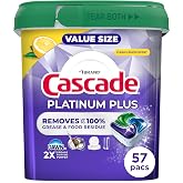 Cascade Platinum Plus Dishwasher Detergent Pods Dish Soap Lemon 57 Count | Removes up to 100% of grease and residue. Safe for pipes and dishwashers. No measuring needed. Spot-free shine.