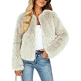 Funlingo Women's Faux Fur Coat Winter Warm Cropped Jacket Trendy Long Sleeve Crew Neck Zip Up Outerwear