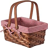 Wickerwise Small Rectangular Woodchip Picnic Baskets with Double Folding Handles, Natural Hand-Woven Basket Lined with Gingham Red and White Lining Great for Gifts