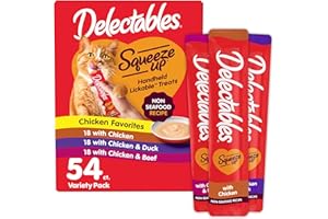 HARTZ Delectables Squeeze Up Non-Seafood Variety Pack, Creamy Squeezable Puree, Lickable Wet Cat Treats, Grain Free, No Added Fillers, No By-Products, No Added Preservatives, 0.5 Ounces Tube, 54 Tubes Total