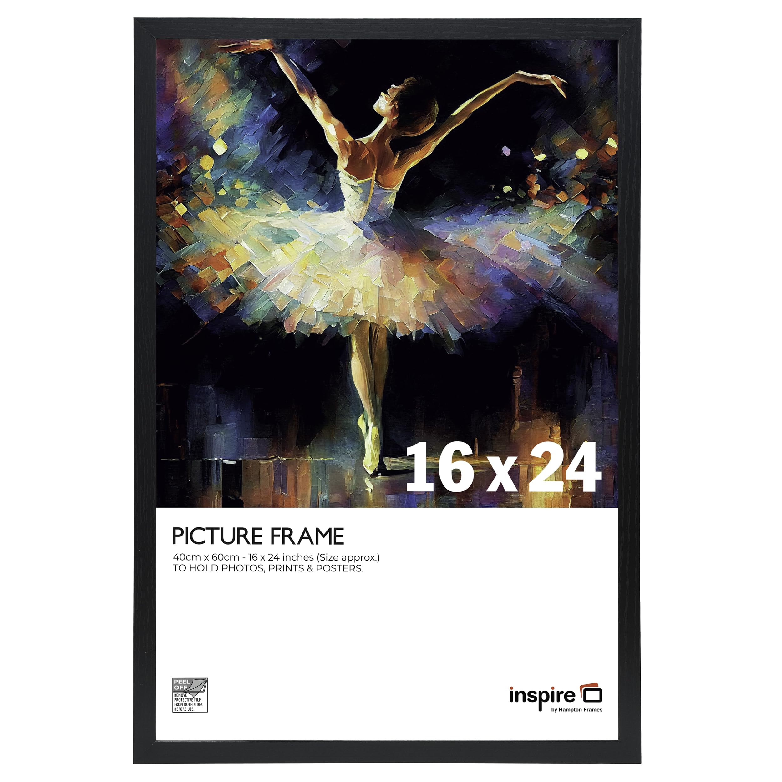 inspire by Hampton Frames | Poster Frame CAMBRIDGE | 41x61cm Black, Acrylic Front, Wood Effect MDF | Wall Mount, Portrait or Landscape | Modern Display for Photos, Prints, Certificates