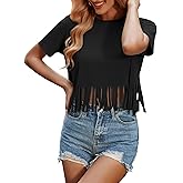 Remidoo Fringe Tops for Women Short Sleeve Crop Top T Shirt Western Cowgirl Cropped Tee