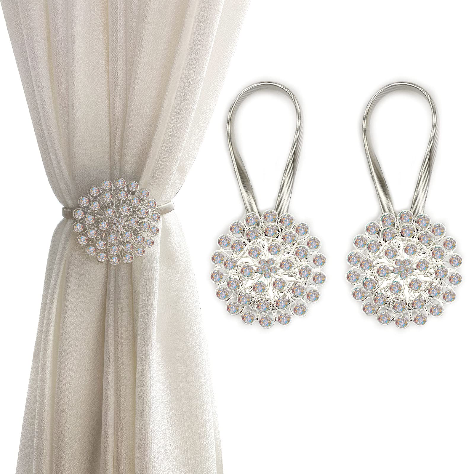 Magnetic Tiebacks for Curtains, 2 Pack Sparkling Crystal Flower Curtain Tiebacks Curtain Buckle Clips with High-Elastic Spring Wire for Home Office Decoration (Colorful)