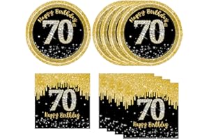 50 Pcs 70th Birthday Plates and Napkins Party Supplies, Back Gold 70th Birthday Party Plates and Napkins Tableware Set for Me