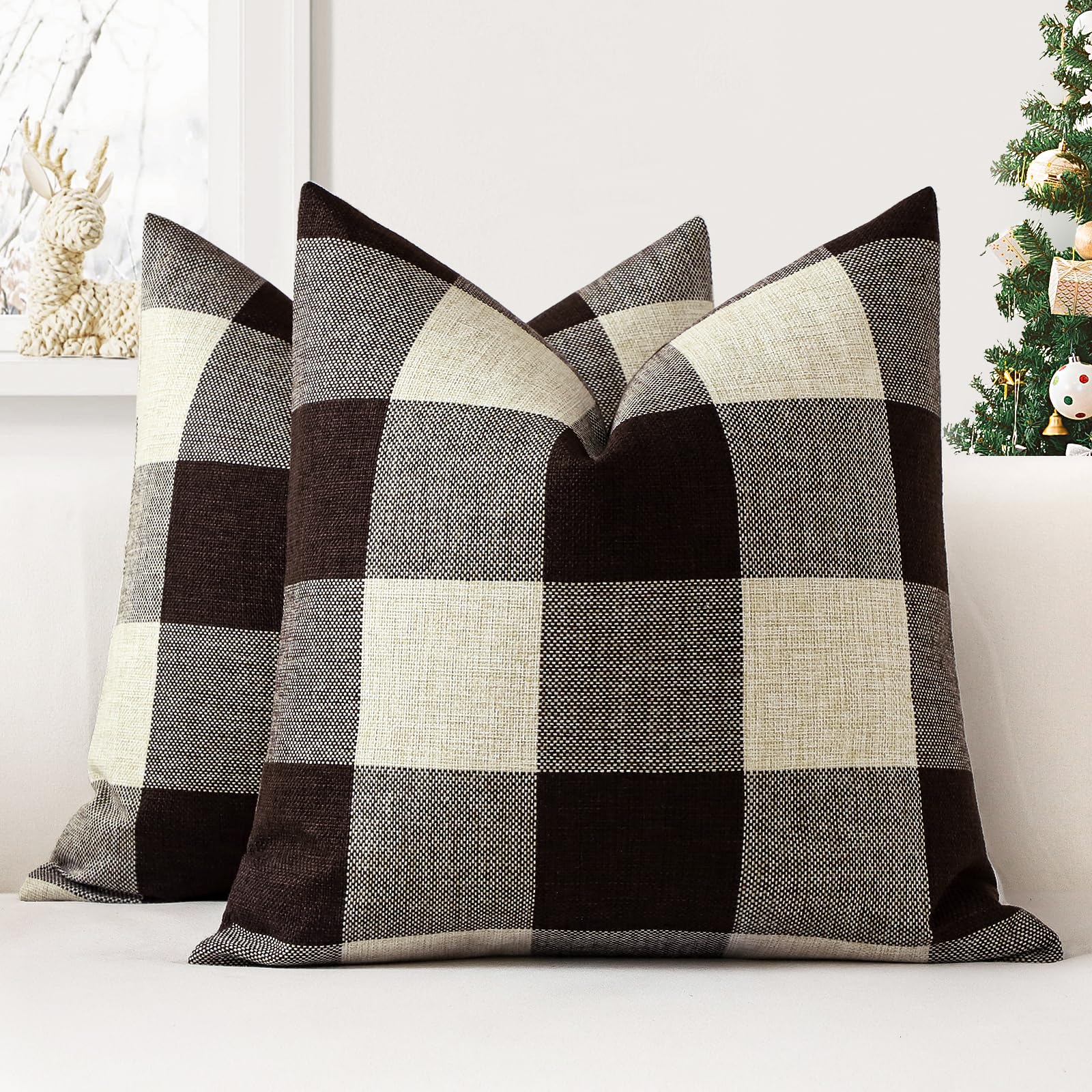 JOTOM Set of 2 Classic Plaids Cushion Covers 40x40 cm Farmhouse Buffalo Check Soft solid Decorative Throw Pillow Covers Home Decor Outdoor Cushion Case for Sofa Bedroom (Brown)