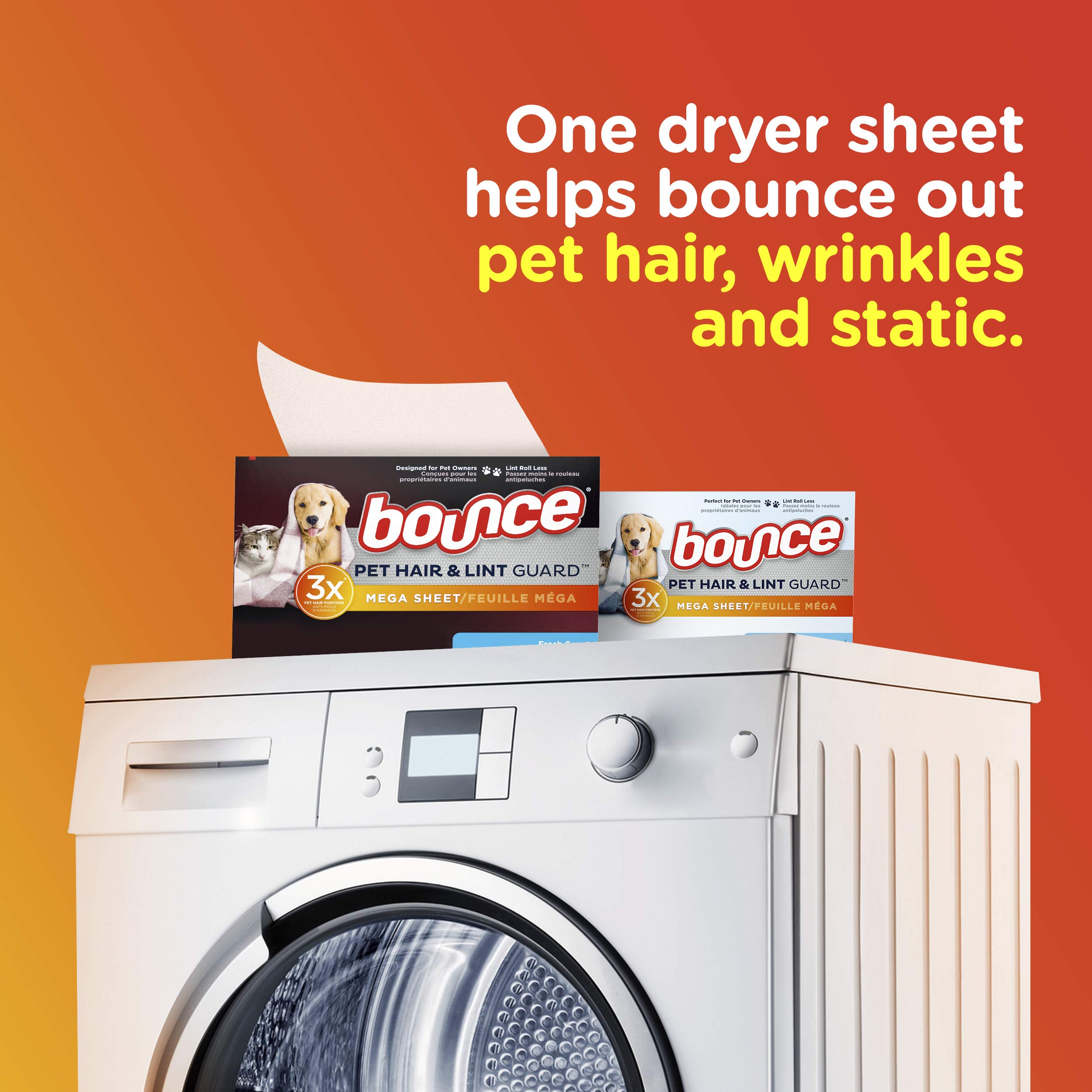 bounce Pet Hair and Lint Guard Mega Dryer Sheets with 3X Pet Hair