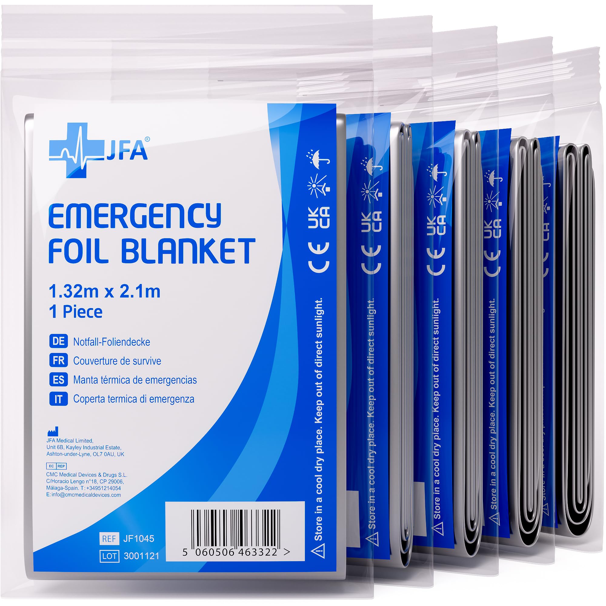 JFA Medical 5 x Individually Packaged Medical First Aid Foil Survival Blankets for personal use - reflective to maintain body heat