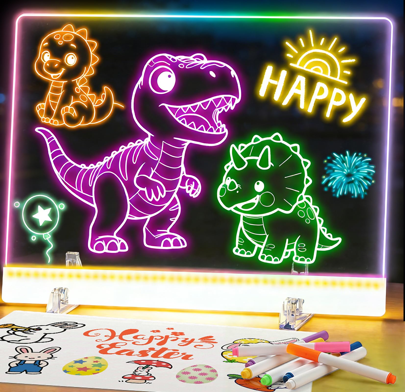 Led Notice Drawing Board Rechargeable - 16.8 Inch Light Up Whiteboard 7 Color Model Writing Tablet Doodle Glow Note Pad Message Board Gift for Children Girl Easter Birthday