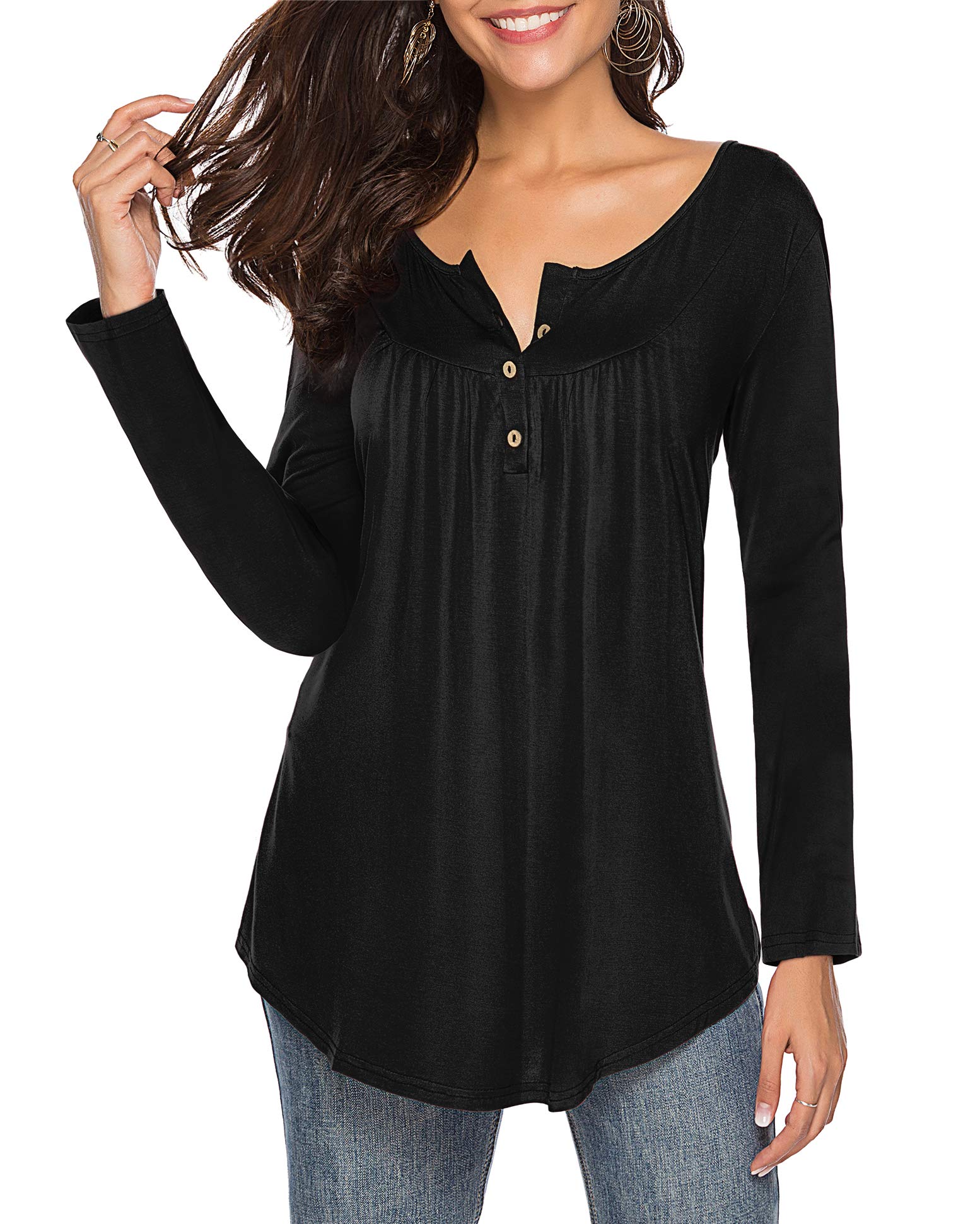 ZJCTUO Womens Long Sleeve Top V Neck Button up Autumn Casual Loose Fit Tunic Tops Basic Tee Shirts Blouses