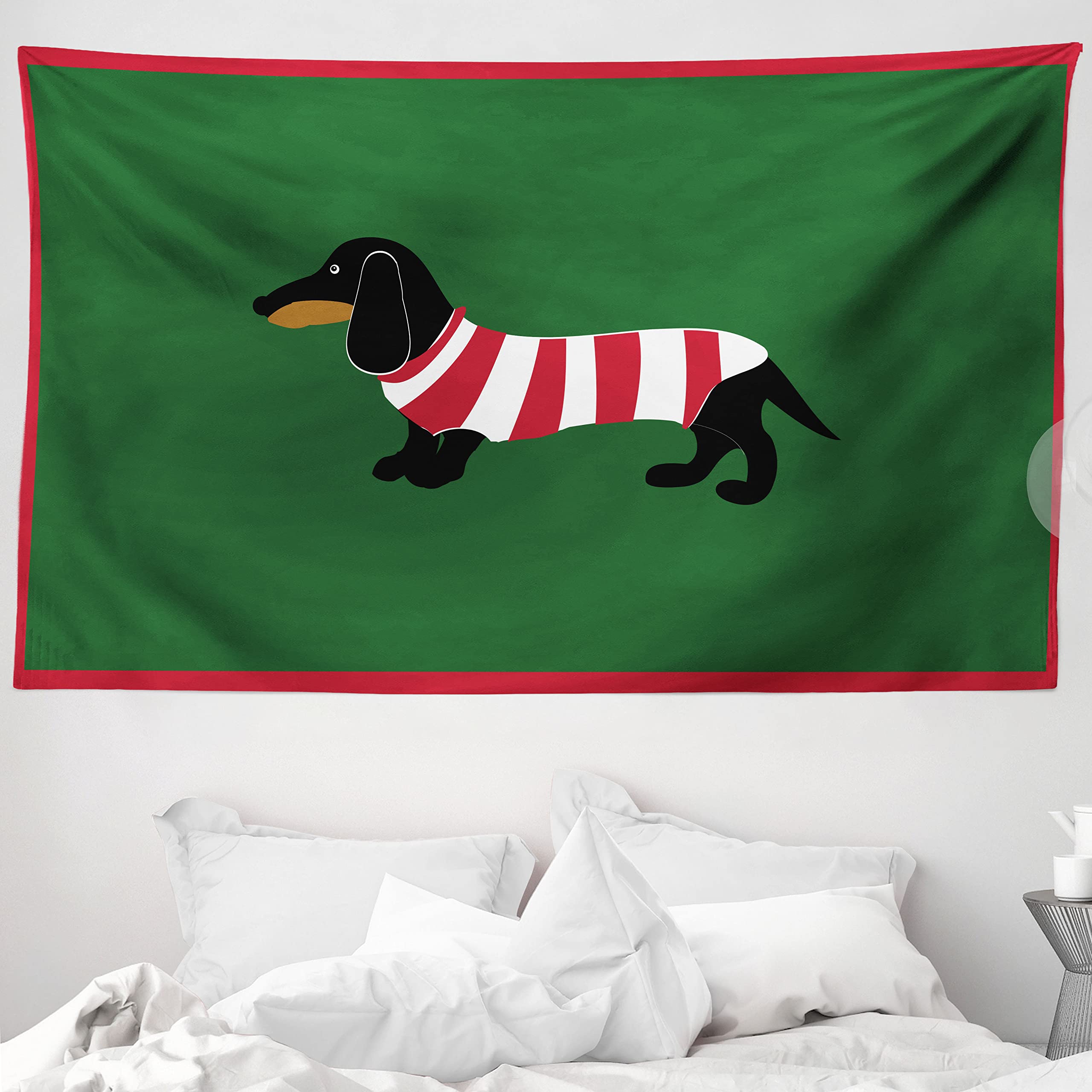ABAKUHAUS Dachshund Tapestry, Abstract Canine Cartoon Design Dachshund Puppy in Stripped Shirt Funny Character, Fabric Wall Hanging Decor for Bedroom Living Room Dorm, 230 x 140 cm, Hunter Green Red