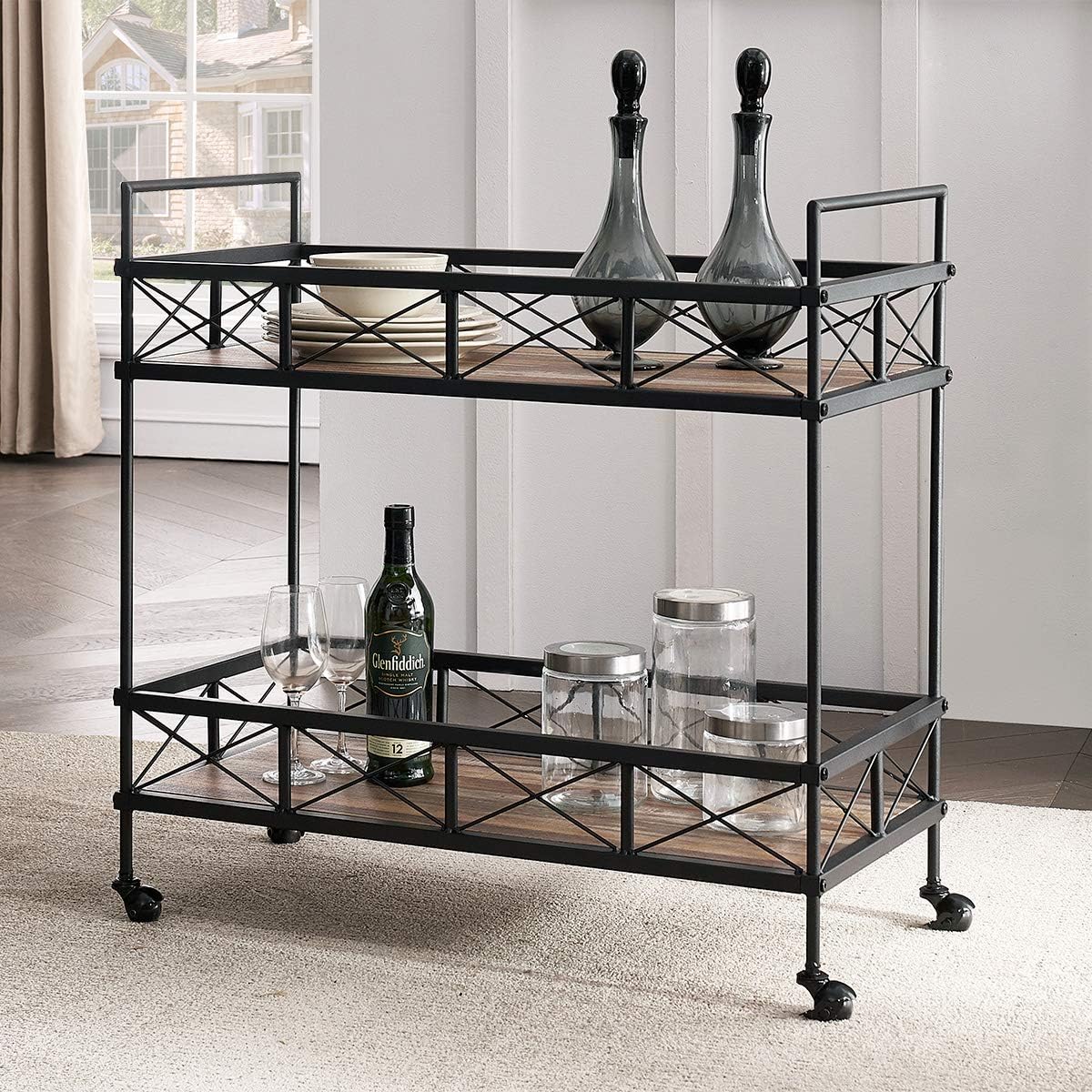 O&K FURNITURE Industrial Bar Serving Cart, Kitchen Storage Cart, 2-Tier Rectangular Rolling Bar Cart for Home Kitchen, Vintage Brown, 31.5”W x 16”D x 32”H, (1-PC)