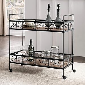 O&K FURNITURE Industrial Bar Serving Cart, Kitchen Storage Cart, 2-Tier Rectangular Rolling Bar Cart for Home Kitchen, Vintage Brown, 31.5”W x 16”D x 32”H, (1-PC)