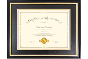 Hodeframe 11x14 Certificate Frame for 8-1/2x11 Diploma/Certificate/Document/Picture with Black and Gold Mat,8.5x11 Solid Wood Degree Frame, Real Glass，Wall Display and Tabletop