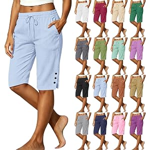 HJYUZP Bermuda Shorts for Women Knee Length Cotton Linen Pedal Pushers | Summer Casual Long Shorts, Split Button Elastic Wais