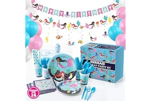 Whoobli Mermaid Party Supplies (Serves 16), Complete Mermaid Birthday Party Supplies- Plate, Cups, Spoons, Fork, Napkins. Mer