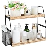 Bathroom Counter Organizer, 2-Tier Standing Storage Shelf with Basket, Wood Tray for Skincare Vanity Organizer