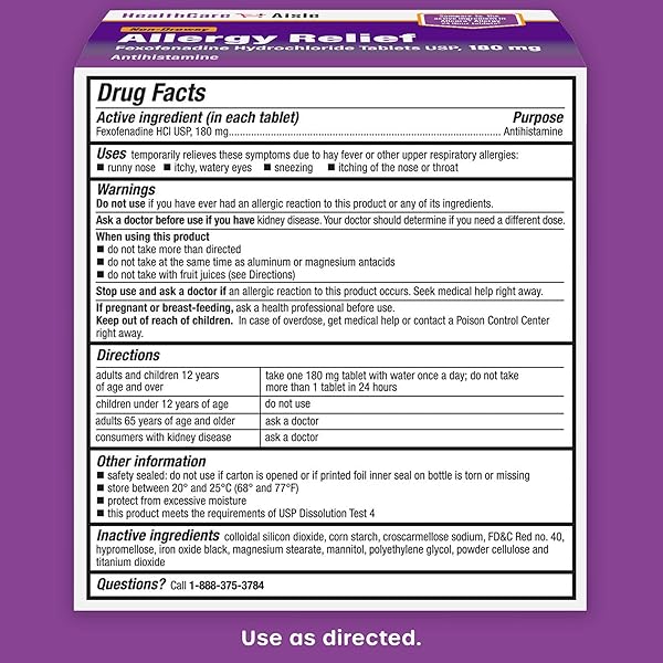 HEALTHCAREAISLE ALLERGY RELIEF – FEXOFENADINE HYDROCHLORIDE TABLETS USP, 180 MG, 90 TABLETS, ALLERGY MEDICATION, NON-DROWSY 24-HOUR RELIEF