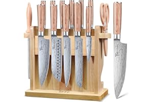 SYOKAMI Japanese Knives Set for Kitchen with Block, 14 PCS Magnetic Knife Set with Holder and Sharpener, Wooden Handle, Stain