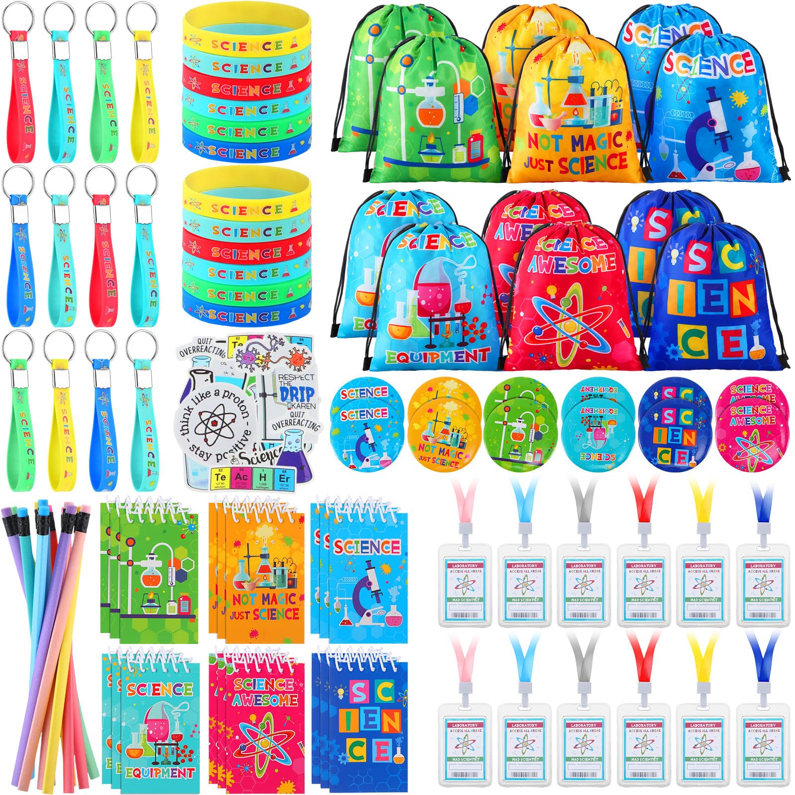 Photo 1 of Zhanmai 140 Pcs Science Party Favors Include 12 Keychain 18 Mini Notebooks 50 Science Stickers 12 Bracelets 12 Science Name Badge 12 Drawstring Bags 12 Bendable Pencils 12 Button Pins for Kids Party