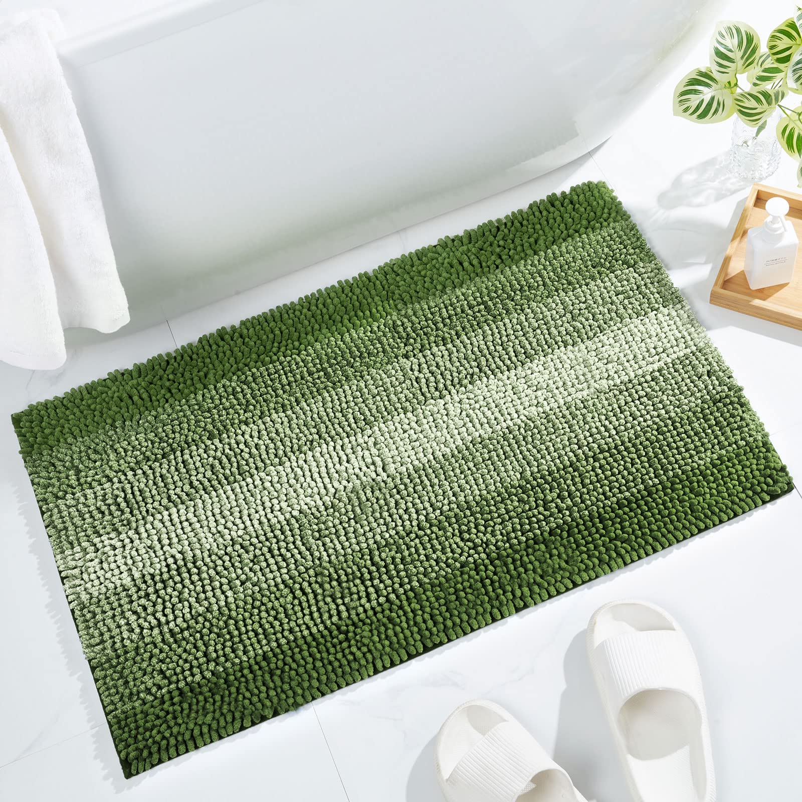 Photo 1 of Gibelle Green Bathroom Rugs, Luxury Chenille Bath Mat, Small Non Slip Shower Rug and Bath Room Floor Mats, Machine Washable, Quick Dry Bathmat, Soft Cozy Plush Rug for Tub, 16" x 24"