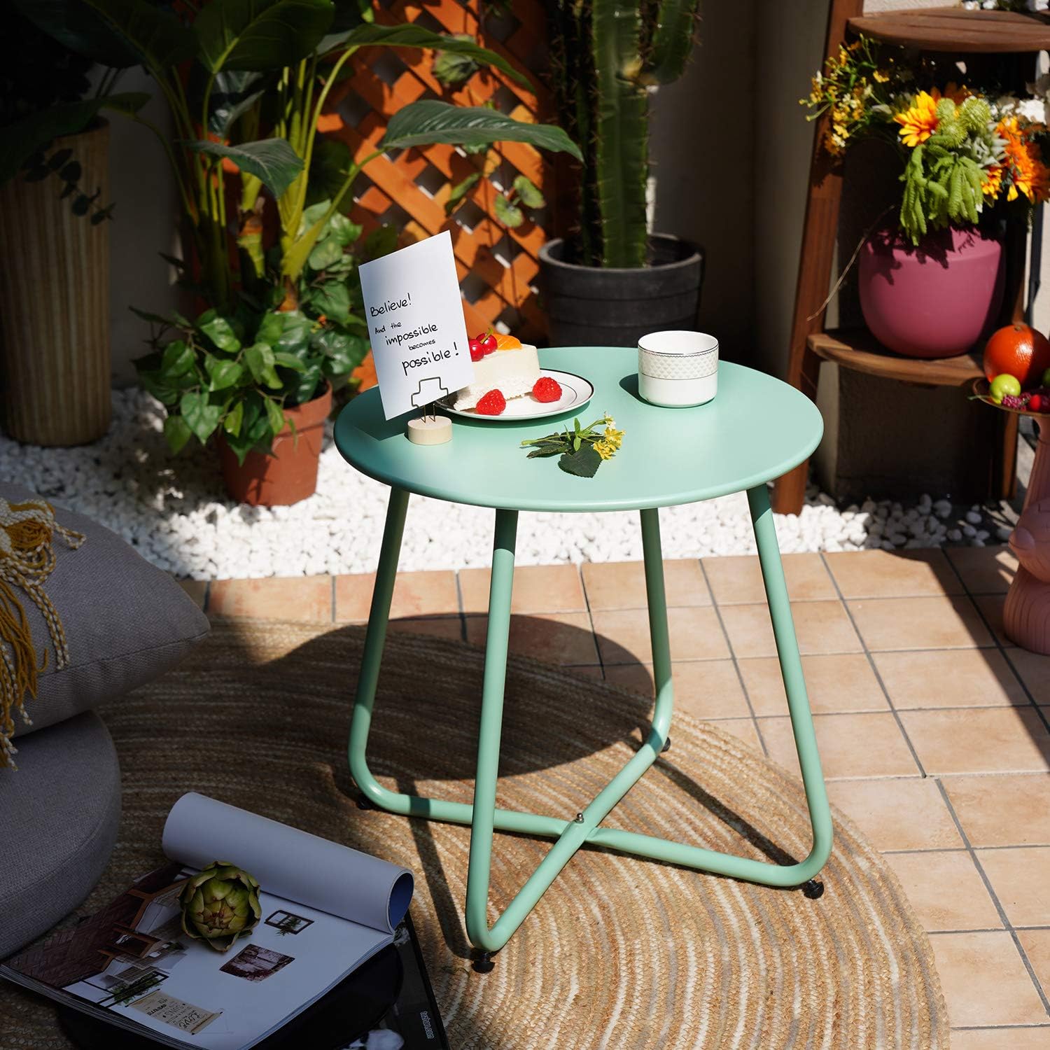 Grand patio Premium Indoor/Outdoor Round Metal Weather-Resistant Side/Accent Table for Patio, Yard, Balcony, Garden (Mint Green): Kitchen & Dining