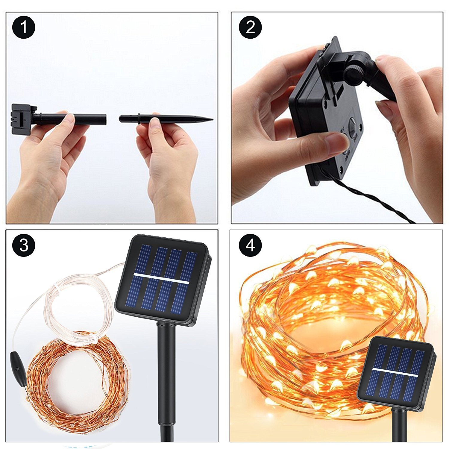 100 LED Solar Lichtekette, 33Ft Kupfer Lichtekette, Wasserdichte sternenhelle Lichtekette für inne und auße Ausschmückung, Party am Weihnachten, Feiertag (warme Weiß)