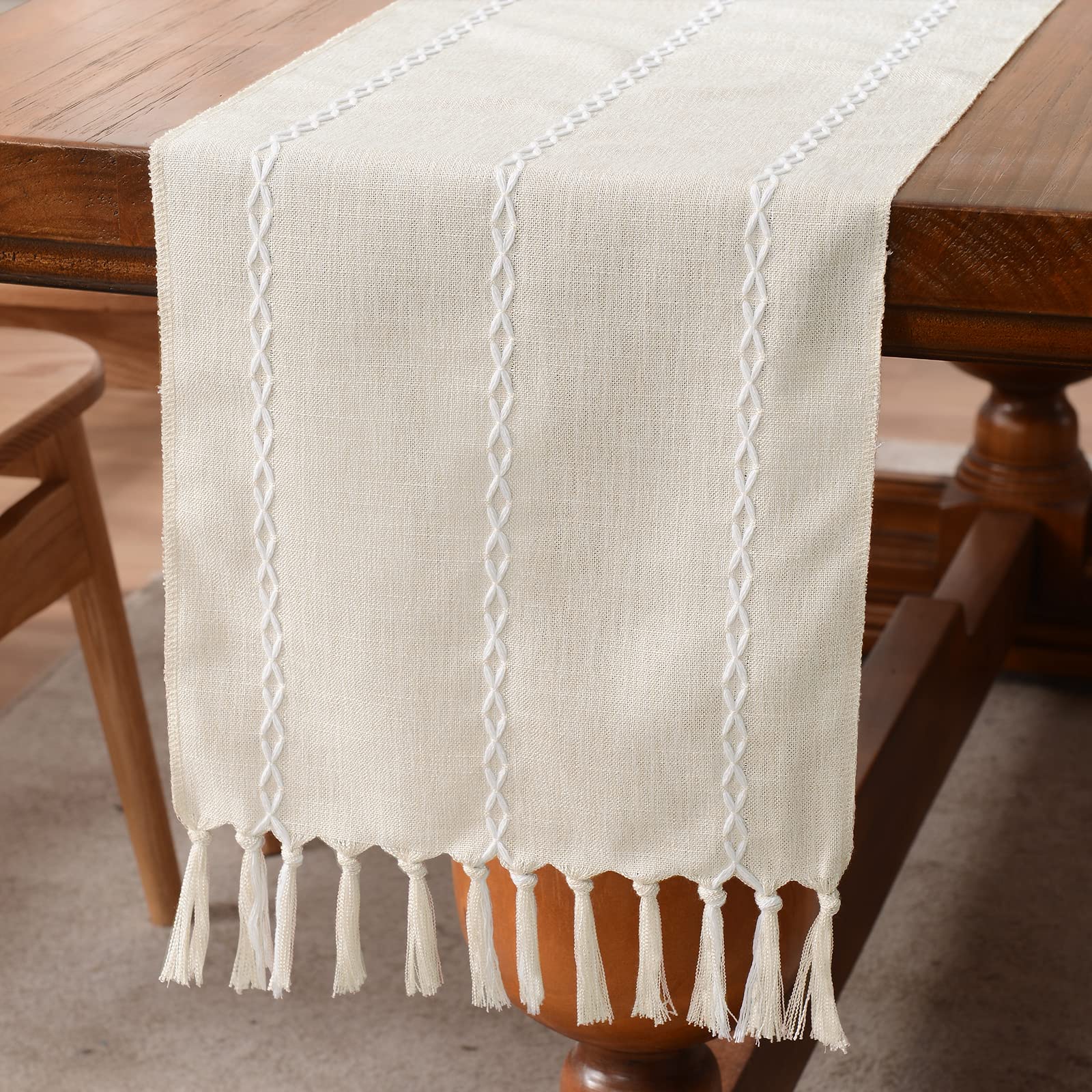 Wracra Cotton Linen Table Runner Farmhouse Style Ivory Table Runner 180cm with Hand-tassels for Party, Dining Room Decorations Dessert Table Decor(Ivory, 180cm)