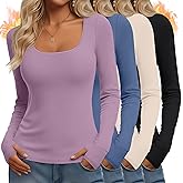 Velvelhall 4 Pack Women's Thermal Long Sleeve Shirts Fleece Scoop Neck Tops Slim Fit Undershirt Basic Layer with Thumb Holes