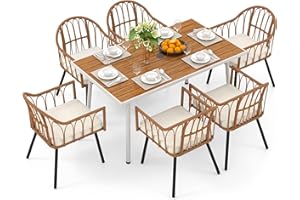 DWVO 7 Pieces Outdoor Dining Set for 6, Patio Table and Chairs Set Wicker Furniture with 2" Umbrella Hole for Backyard Porch Balcony Garden