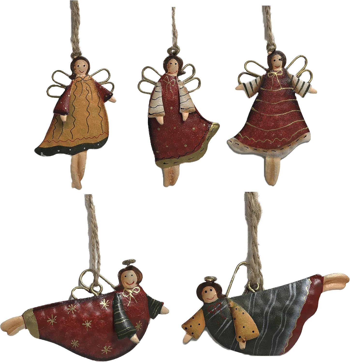 Christmas Tree Metal Ornaments - Assorted Pack of 5, Small Handmade Angels with Burlap Hanging String for Indoor & Outdoor Holiday Home Decorations, Bulk Farmhouse Country Rustic Gift Name Tags.