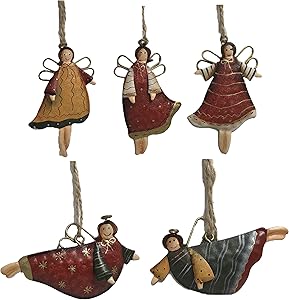 Christmas Tree Metal Ornaments - Assorted Pack of 5, Small Handmade Angels with Burlap Hanging String for Indoor & Outdoor Holiday Home Decorations, Bulk Farmhouse Country Rustic Gift Name Tags.
