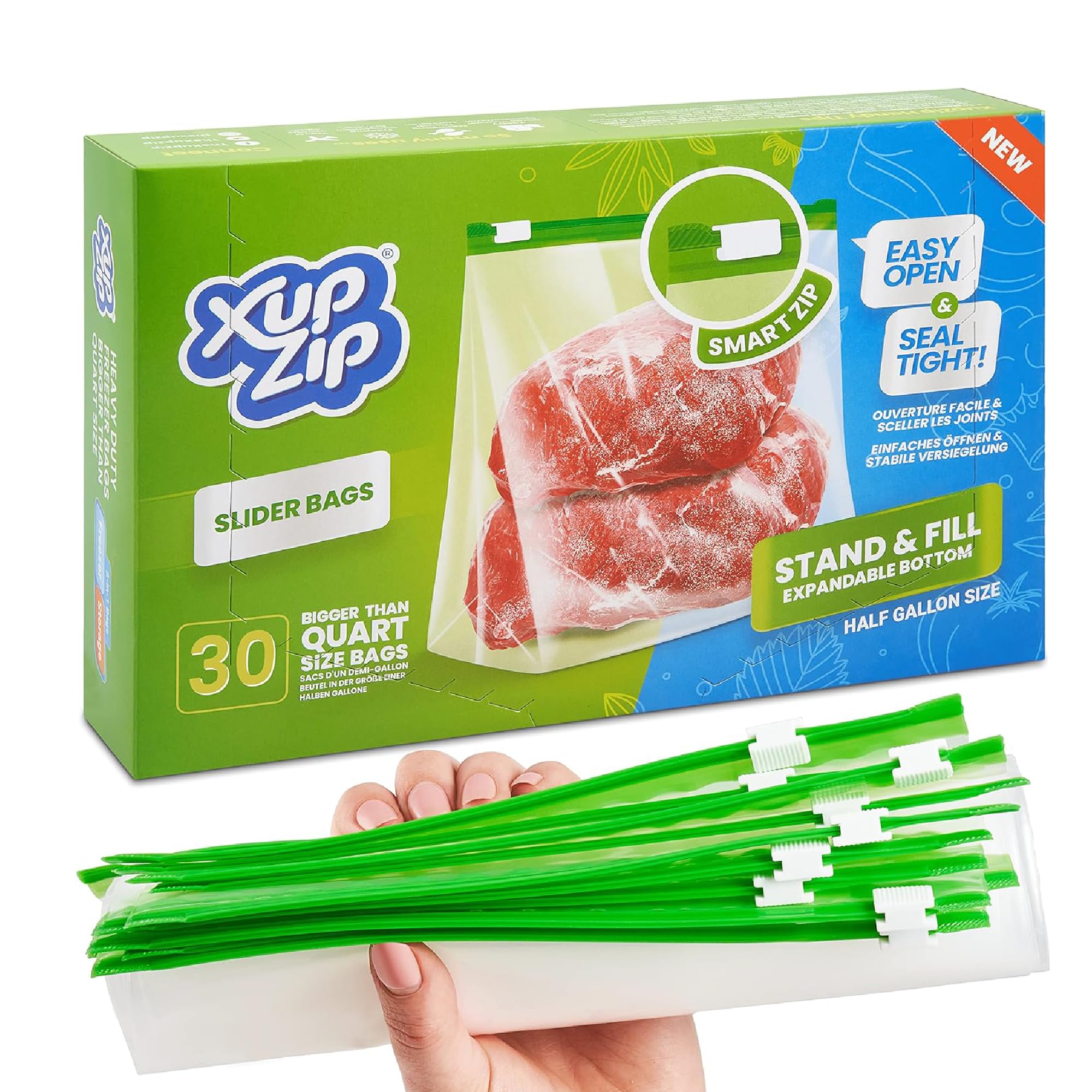 XupZip 2.27L Slider Freezer Bags with Airtight & Leakproof Smart Zip Seal – Reusable Food Bag with Expandable Bottom – Half Gallon Heavy-Duty Large Zip-Lock Bags, 30 Pcs
